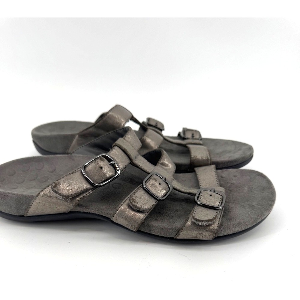 Vionic Pewter Metallic Leather Slide Sandals Orthotic Comfort Misa Women 10